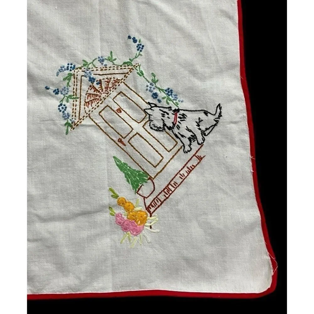 Hand Embroidered Scottish Terrier Bridge Card Table Tablecloth Scottie Dog